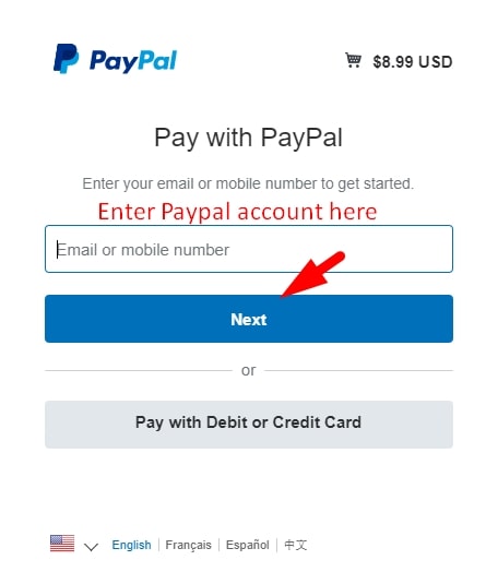 Enter Paypal email address then click next to login